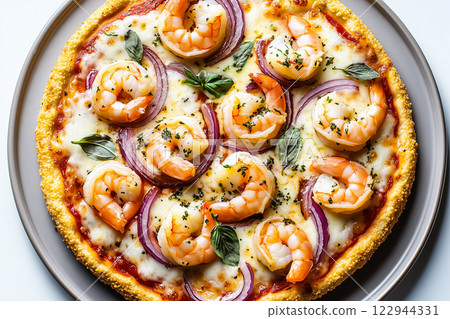 Shrimp and Red Onion Pizza with Golden Crust and Fresh Ingredients 122944331