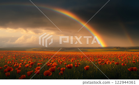 Rainbow Over Poppy Field With Storm Clouds and Vibrant Colors Rainbow Over Poppy Field With Storm Clouds and Vibrant Colors 122944361