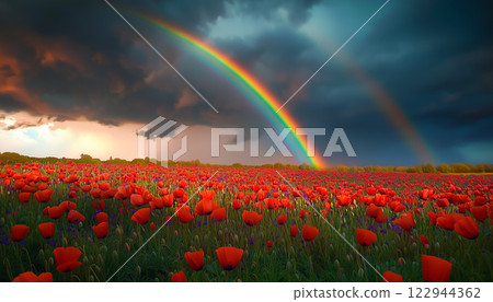 Rainbow Over Poppy Field with Storm Clouds and Dramatic Lighting Rainbow Over Poppy Field with Storm Clouds and Dramatic Lighting 122944362