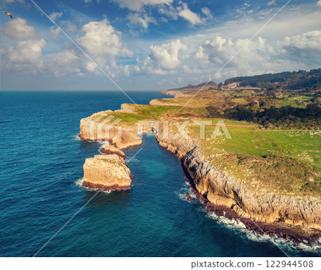 Aerial view of ocean and rocky coast. Galicia, Spain. 122944508