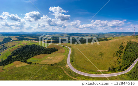 Top view of cultivated agricultural field and highway. Rural landscape in summer 122944516