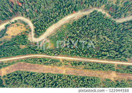 View of the mountain winding road from above. Carpathian mountains in summer. Ukraine View of the mountain winding road from above. Carpathian mountains in summer. Ukraine 122944588