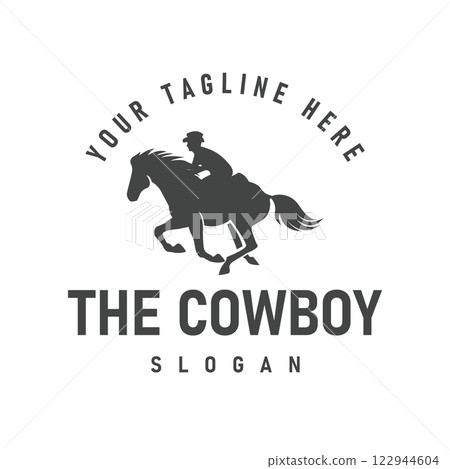 This Vintage Retro Style Logo Design Features a Cowboy Horse Silhouette with Simple Illustration, perfect for Ranch, Cowboy Theme and Country West Feel 122944604