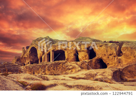 Panoramic view at Antique cave city Uplistsikhe, Georgia, Europe 122944791