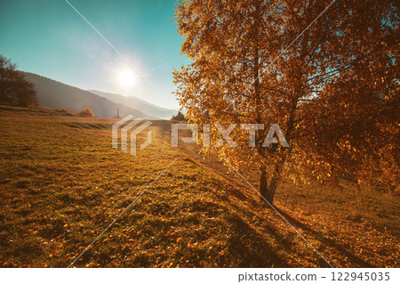 Mountain landscape in autumn at dawn. Beautiful natural landscape. Carpathian mountains. Ukraine 122945035