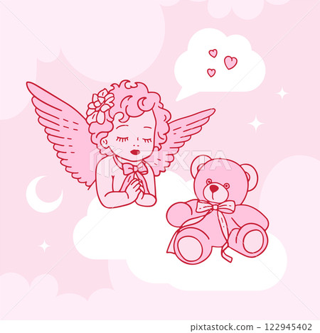 Girly angel baby girl praying on cloud with teddy bear. Coquette contour vector illustration Girly angel baby girl praying on cloud with teddy bear. Coquette contour vector illustration 122945402