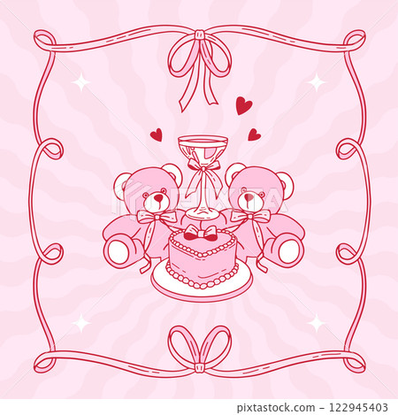 Cute birthday Teddy Bear s couple with bento cake and coattail. Funny character Valentine Greeting card, print, design template. Vector contour coquette illustration. 122945403