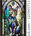 Cat looking out through stained glass 122945713