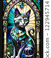 Cat looking out through stained glass 122945714