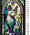Cat looking out through stained glass 122945715
