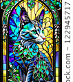 Cat looking out through stained glass 122945717