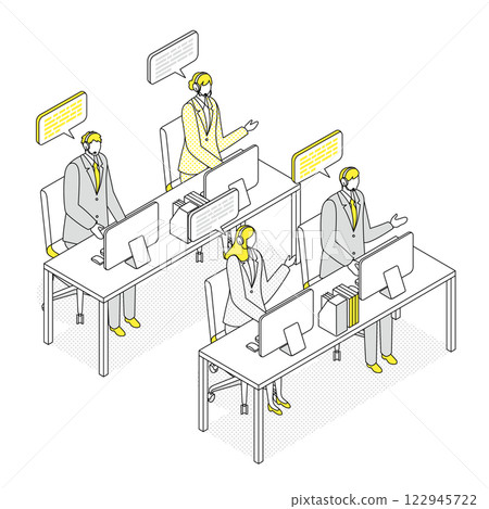 Isometric illustration of an operator team serving customers Isometric illustration of an operator team serving customers 122945722