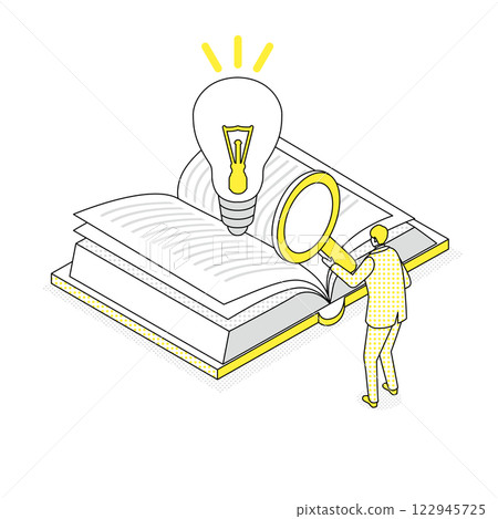 一個人從書中獲得想法的等距插圖 一個人從書中獲得想法的等距插圖 122945725
