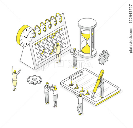 Isometric illustration of people happy to achieve a goal as a team 122945727