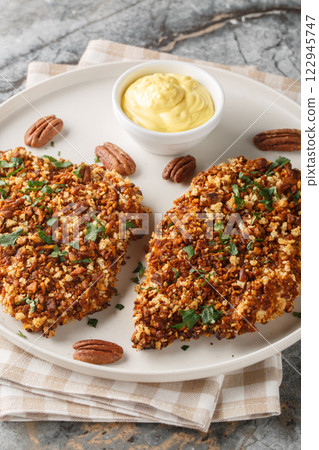 Chicken cutlets are breaded in a delicious pecan crust and baked until perfectly crispy close-up in a plate. Vertical 122945747