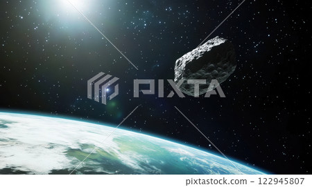 Asteroid approaching earth in space with stars and sunlight illuminating the celestial scene against the vast universe backdrop 122945807