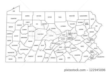 State of Pennsylvania subdivided into 67 counties, outline map. The Commonwealth of Pennsylvania, a state of the Mid-Atlantic and Northeastern United States. Map with boundaries and county names. 122945896