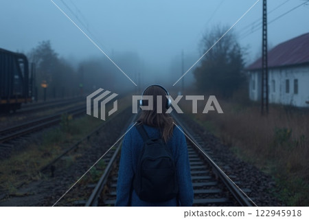A girl with a backpack and headphones walks along the railway tracks in a foggy atmosphere. 122945918