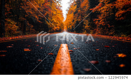 Autumn Road With Tree Tunnel and Warm Sunlight at Horizon 122945974