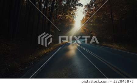 Autumn Road Tunnel With Vibrant Leaves and Sunlit Horizon 122945975