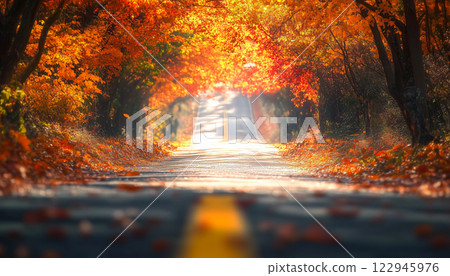 Autumn Road Tunnel With Sunlight And Vibrant Fall Colors 122945976