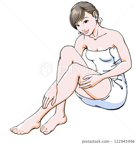 Young woman taking care of her skin with a bath towel wrapped around her_Beautiful legs Young woman taking care of her skin with a bath towel wrapped around her_Beautiful legs 122945996