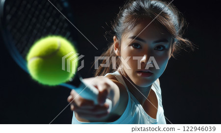 Female athlete hitting a tennis ball 122946039