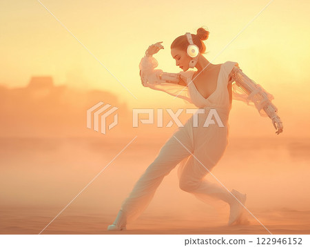 cyborg woman dancing,robotic arms, embodying a cyborg or futuristic being. Soft lighting and a gentle expression evoke a sense of tranquility and technological advancement 122946152