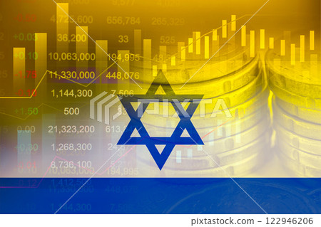 Israel flag on stock investment trading with coin and graph. 122946206