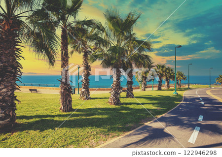 Seascape Embankment with palm trees. Promenade with palm trees. Netanya. Israel 122946298
