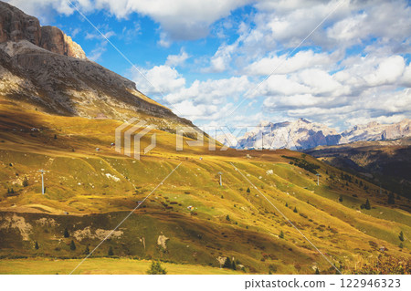 Mountain landscape in the autumn. Pordoi pass in The Dolomites, South Tyrol, Italy Mountain landscape in the autumn. Pordoi pass in The Dolomites, South Tyrol, Italy 122946323