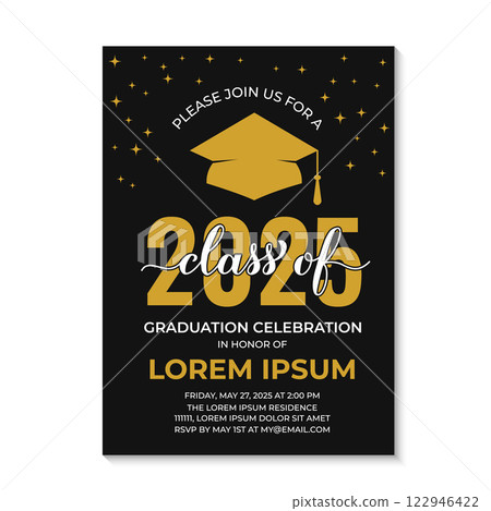 Graduation ceremony invitation card. Black and gold grad party invite. Graduation celebration announcement. Class of 2025 vector template. Graduation ceremony invitation card. Black and gold grad party invite. Graduation celebration announcement. Class of 2025 vector template. 122946422