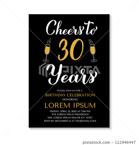 30th Birthday or Anniversary invitation card. Cheers to 30 years. Birthday Party invite. Vector template. 122946447