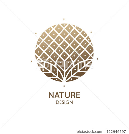 Tropical plant logo. Round emblem flower a circle in linear style. Vector abstract badge for design of natural product Tropical plant logo. Round emblem flower a circle in linear style. Vector abstract badge for design of natural product 122946597
