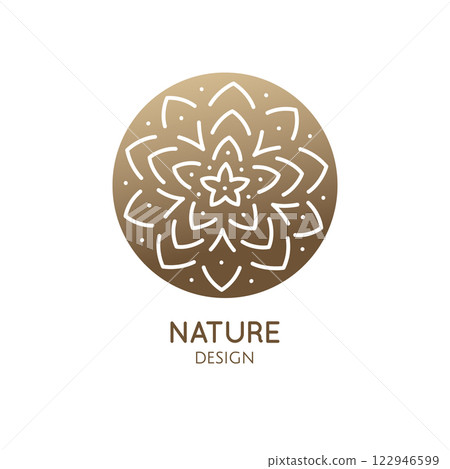 Tropical plant logo. Round emblem flower a circle in linear style. Vector abstract badge for design of natural product Tropical plant logo. Round emblem flower a circle in linear style. Vector abstract badge for design of natural product 122946599