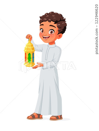 Young Arab boy holding lantern celebrating Ramadan. Eid Mubarak vector illustration. 122946620