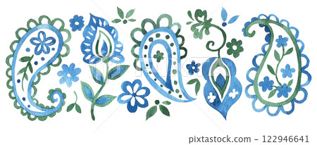 watercolor set with oriental ornaments paisley in blue color on a white background watercolor set with oriental ornaments paisley in blue color on a white background 122946641