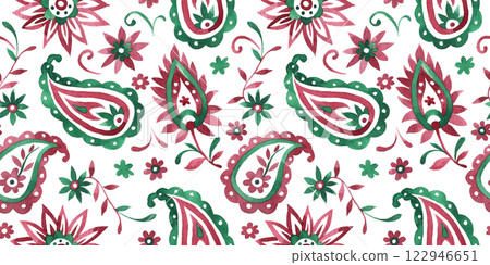 watercolor seamless pattern with oriental paisley in green and pink color on a white background 122946651