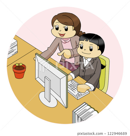 A new female employee being taught how to do her job A new female employee being taught how to do her job 122946689