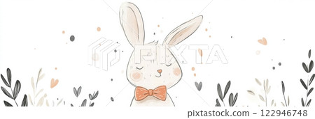 Cute rabbit illustration in a serene garden surrounded by soft foliage and gentle colors. Generative AI Cute rabbit illustration in a serene garden surrounded by soft foliage and gentle colors. Generative AI 122946748