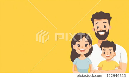 A joyful family consisting of mom, dad, and their child happily pose on a vibrant yellow backdrop, radiating love and togetherness. Generative AI 122946813