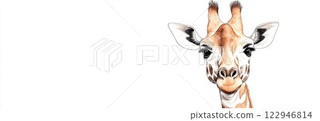 Giraffe gazes curiously from the left side in a colorful and inviting illustrated style. Generative AI 122946814