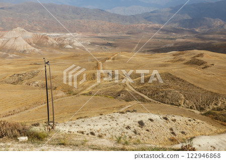Vast desert landscape in Iran showcasing rolling hills and power lines Vast desert landscape in Iran showcasing rolling hills and power lines 122946868