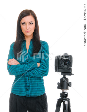 woman and photo camera woman and photo camera 122946953