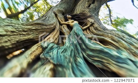 Wooden sculpture of woman emerging from tree trunk in cypress gardens 122947071