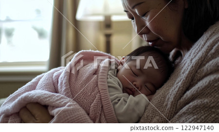 Grandmother holding sleeping newborn baby girl at home 122947140