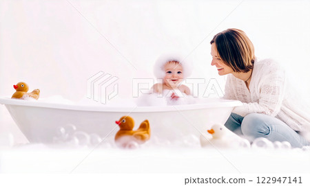 Happy mother washing her baby in a bathtub with foam and rubber ducks 122947141