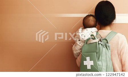 Mother holding baby while carrying medical backpack, 122947142