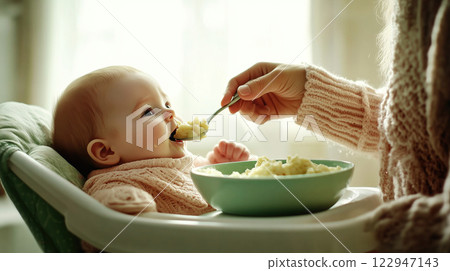 Mother feeding her baby solid food with a spoon 122947143