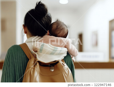Mother carrying her baby on her shoulder while walking in a hallway Mother carrying her baby on her shoulder while walking in a hallway 122947146